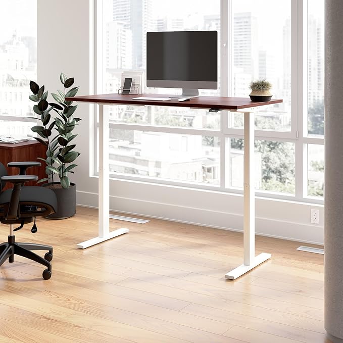 Bush Business Furniture 60-inch Electric Height Adjustable Standing Desk, Ergonomic Sit-Stand Computer Table for Home and Professional Office, Move 60 Series, Hansen Cherry with White Base