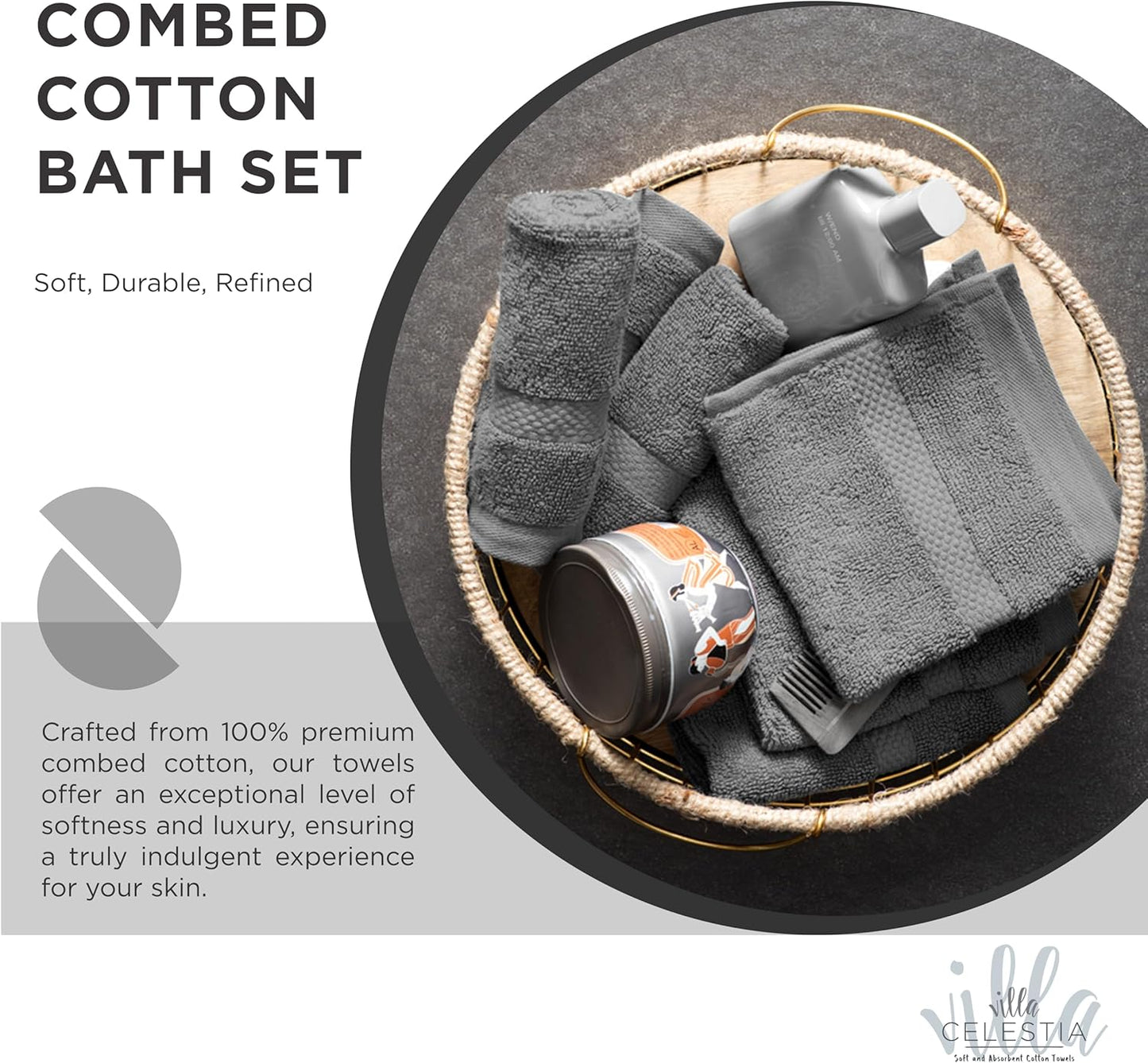 100% Combed Cotton Bathroom Towel Set of 8- 2 Bath Towels, 2 Hand Towels, 4 Wash Cloths, Sustainable, Soft, Highly Absorbent 8 Piece Cotton Bath Towel Set Ideal for Hotels, Spa, Bathroom, Dorm, Grey