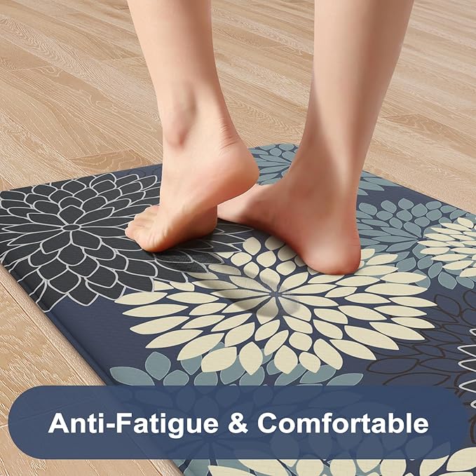 KIMODE Padded Anti Fatigue Rug Sets of 2, Ergonomic Standing Kitchen Rugs 2PCS, Boho Kitchen Mats for Floor 2 Pieces Stain Resistant, Non Slip Kitchen Sink Floor Mat Waterproof, 20"x32"+20"x47", Blue