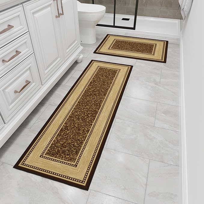 Ottomanson 2-Piece Kitchen Rug Set - Non Slip, Runner & Small Area Rug - Border - 20" x 59" & 2'3" x 3' - Durable, Stain Resistant for Entryway, Bedroom and Bathroom, Brown