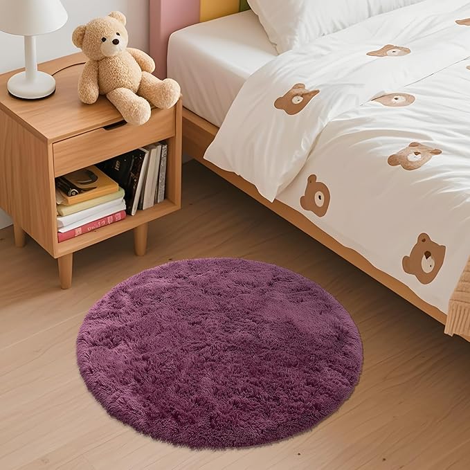 OLANLY Burgundy Round Rugs for Bedroom - Machine Washable, 2 ft Circle Area Rugs for Living Room, Soft and Fluffy Shaggy Carpet for Teen Girls and Boys, Nursery Rooms, Dorms, Home Decor Aesthetic