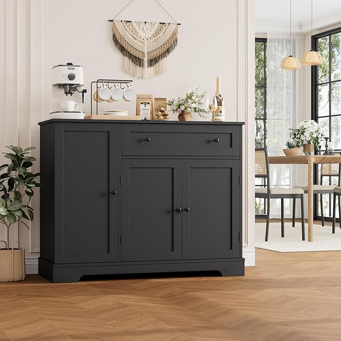 HOSTACK Buffet Cabinet with Storage, Modern Sideboard Buffet with Doors, Wood Coffee Bar Kitchen Storage Cabinet with Drawer and Adjustable Shelf for Kitchen, Dining Room, Living Room, Black