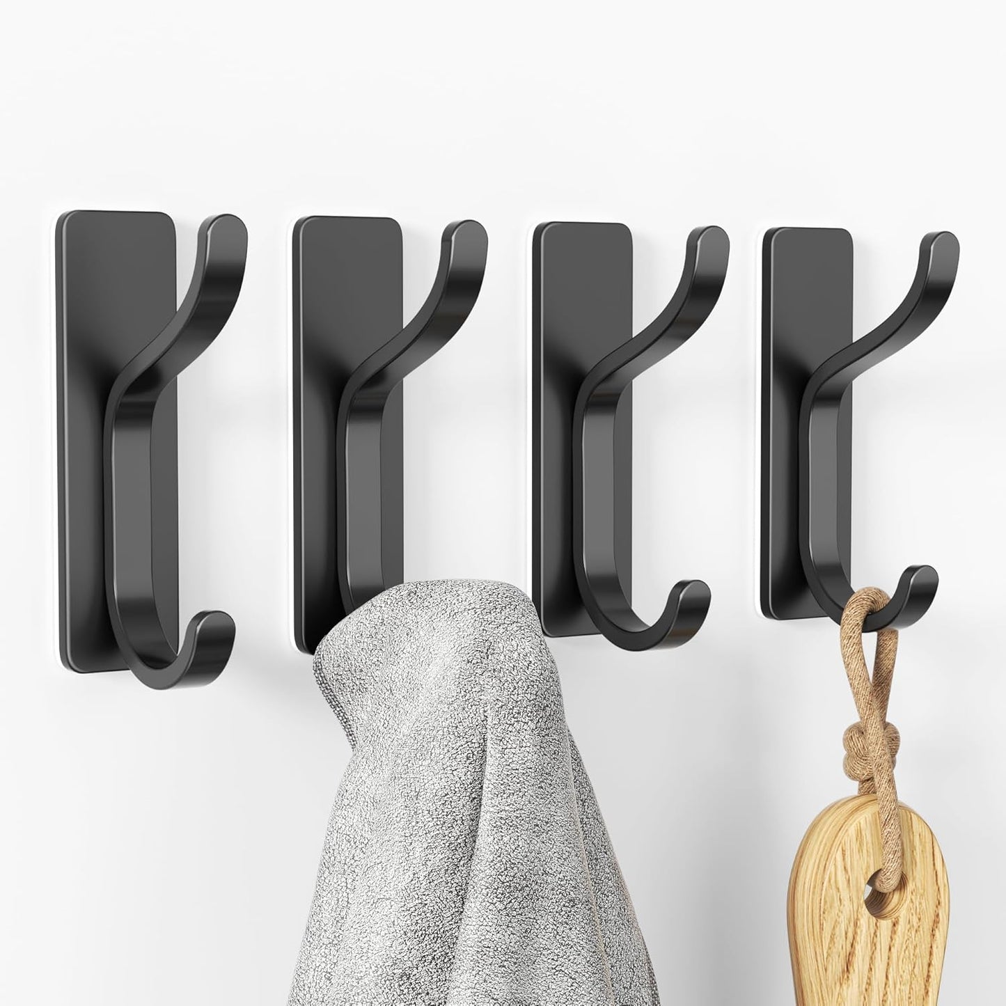 pickpiff Adhesive Wall Coat Hooks - Heavy Duty Stick-On Door Hanger, Black Metal Hook for Hanging Towel,Purse, Robe, Backpack, Jacket, Clothes - for Bathroom,Dorm, Closet, Kitchen - 4 Pack