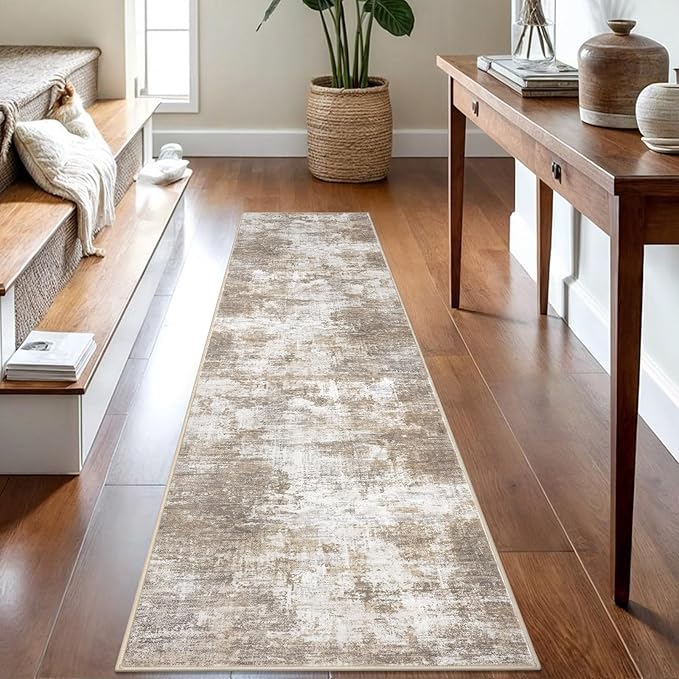 IOHOUZE Abstract Runner Rug 2x8 Ft Washable Runners for Hallways, Non Slip Kitchen Runner Printed Faux Wool Entryway Runner Indoor, Modern Abstract Floor Carpet for Hall Kitchen Bedroom, Beige Brown