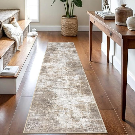 IOHOUZE Abstract Runner Rug 2x8 Ft Washable Runners for Hallways, Non Slip Kitchen Runner Printed Faux Wool Entryway Runner Indoor, Modern Abstract Floor Carpet for Hall Kitchen Bedroom, Beige Brown