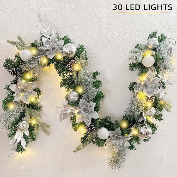 WANNA-CUL Pre-Lit 6 ft/ 72 Inch Christmas Garland with Lights for Front Door Decor with Silver White Christmas Ball Ornaments and Poinsettia Flowers,Battery Operated 30 LED Lights