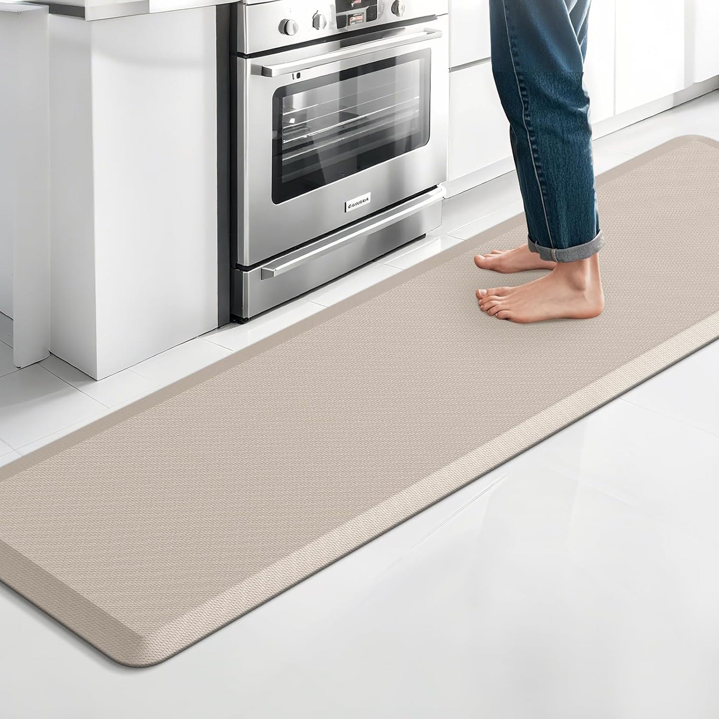 Kitchen Mat, Cushioned Thick Floor Comfort Mat, with Non-Slip Bottom, Waterproof & Stain Resistant & Easy Clean, Standing Desk Mat for Kitchen, Sink, Office (17.3''x60'', Khaki)