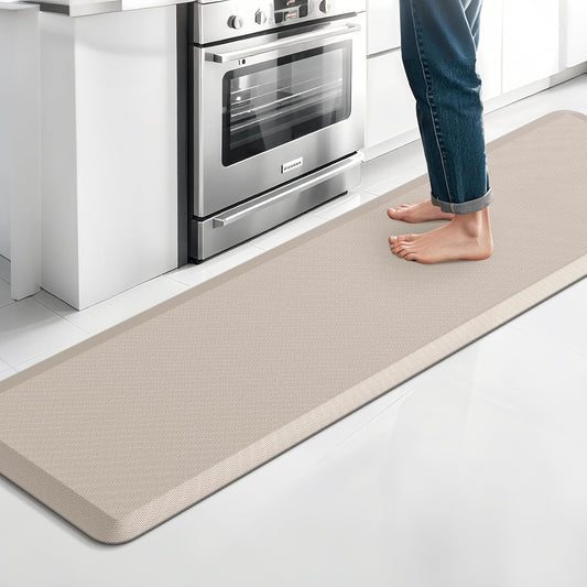 Kitchen Mat, Cushioned Thick Floor Comfort Mat, with Non-Slip Bottom, Waterproof & Stain Resistant & Easy Clean, Standing Desk Mat for Kitchen, Sink, Office (17.3''x60'', Khaki)