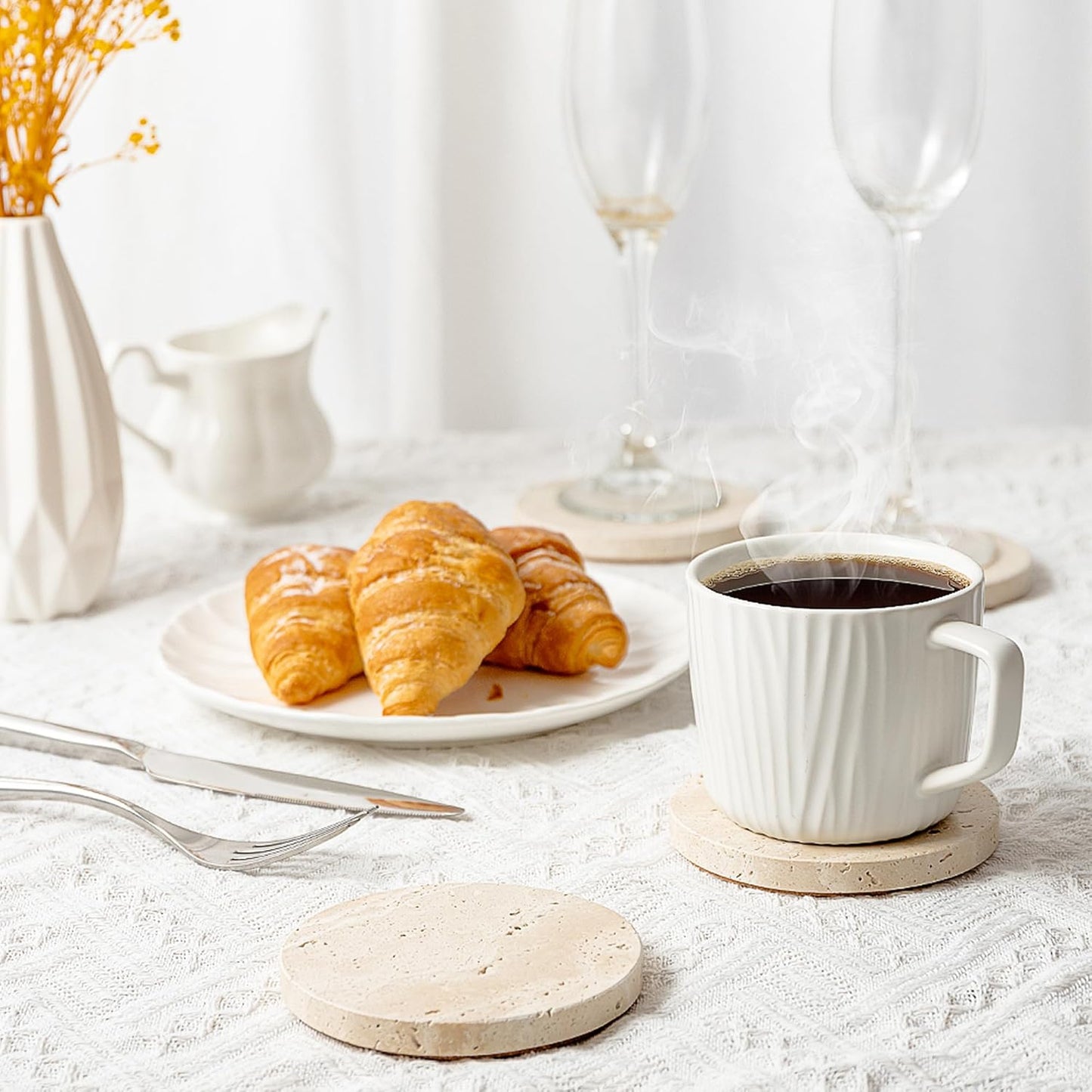 WORHE Natural Travertine Marble Coasters Set of 4-4" Round Stone Drink Coasters, Non-Slip Cork Backing, Housewarming Gift, Wedding, Protect Tables from Stains & Scratches (BD140)