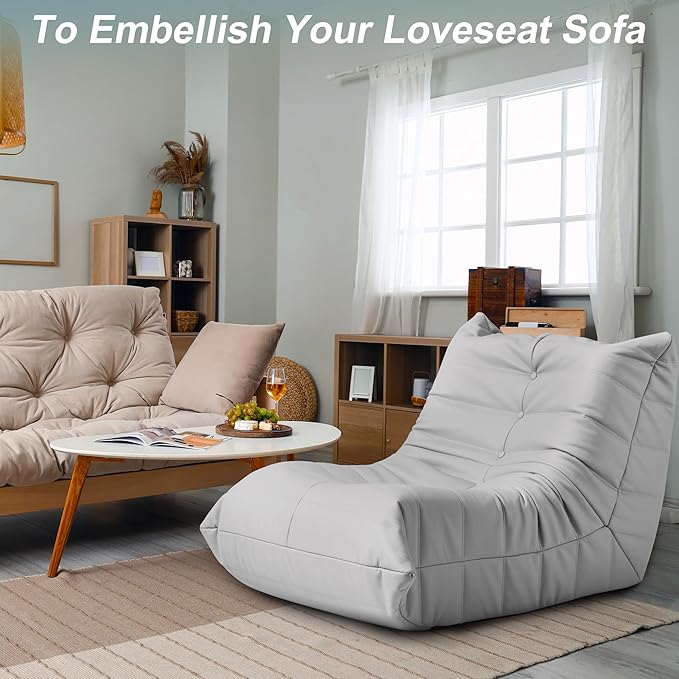 Hobestluk Giant Bean Bag Chair Lazy Floor Sofa, Memory Foam Fireside Sofa for Adults, Big Beanbag Faux Leather Armless Chair for Living Room Bedroom Dorm Office (Light Grey, Single)