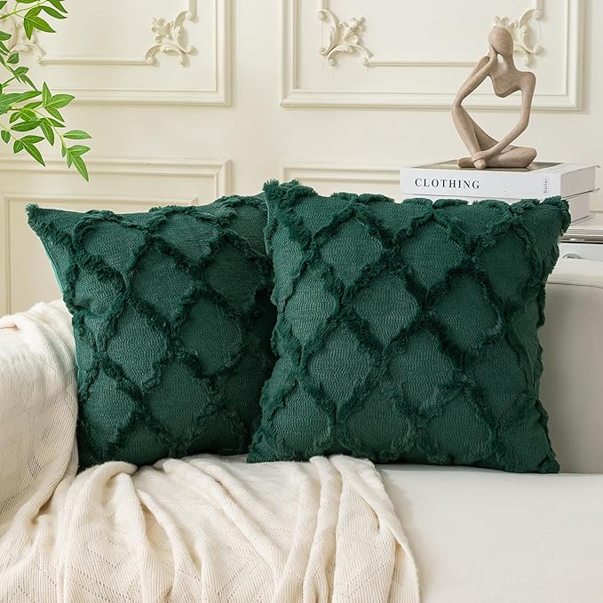 Set of 2 Soft Moroccan Throw Pillow Covers 22x22 Inch Plush Boho Decorative Pillow Cover Accent Cushion Case for Couch Sofa Bed, Dark Green
