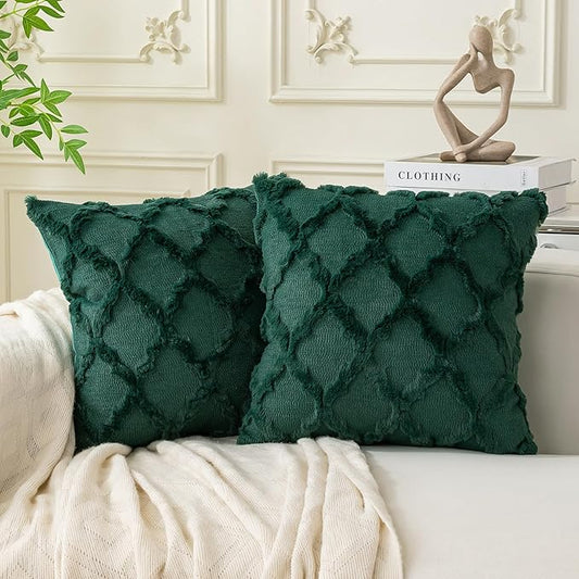 Set of 2 Soft Moroccan Throw Pillow Covers 22x22 Inch Plush Boho Decorative Pillow Cover Accent Cushion Case for Couch Sofa Bed, Dark Green