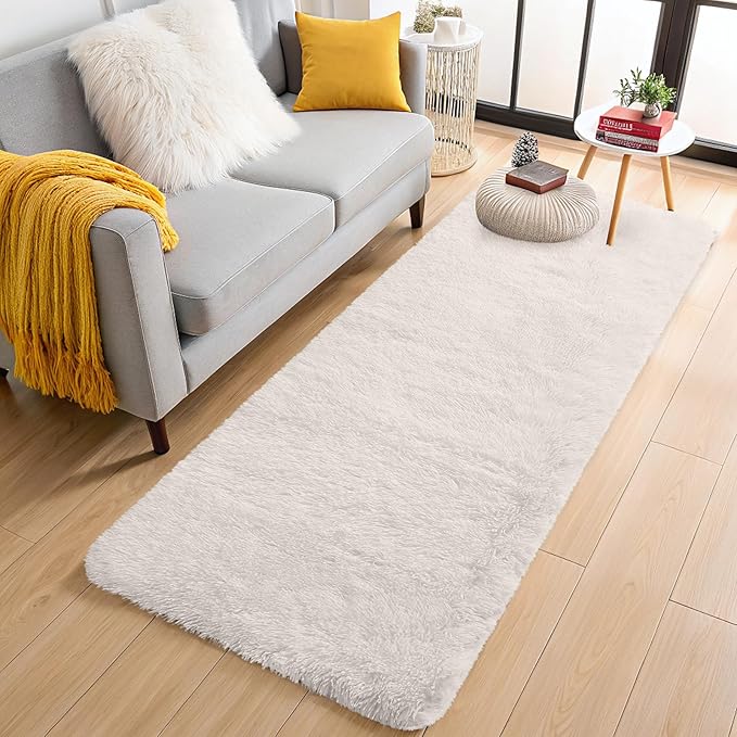 OLANLY 2x6 Machine Washable Runner Rugs for Hallway, Soft Fluffy Shaggy Bedside Rugs for Bedroom, Living Room, Indoor Floor Carpet for Kids Girls and Boys, Nursery Rooms, Home Decor Aesthetic, Ivory