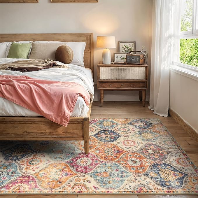 Lahome Moroccan Trellis Washable Area Rugs 5x7, 5x7 Area Rugs for Living Room Bedroom, Indoor Non-Slip Large Oriental Accent Throw Carpet for Kitchen Entryway Bathroom Office, Cream/Multi