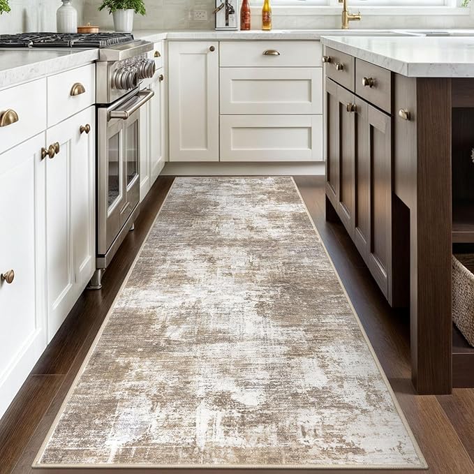 IOHOUZE Abstract Runner Rug 3x8 Ft Washable Runners for Hallways, Non Slip Kitchen Runner Printed Faux Wool Entryway Runner Indoor, Modern Abstract Floor Carpet for Hall Kitchen Bedroom, Beige Brown