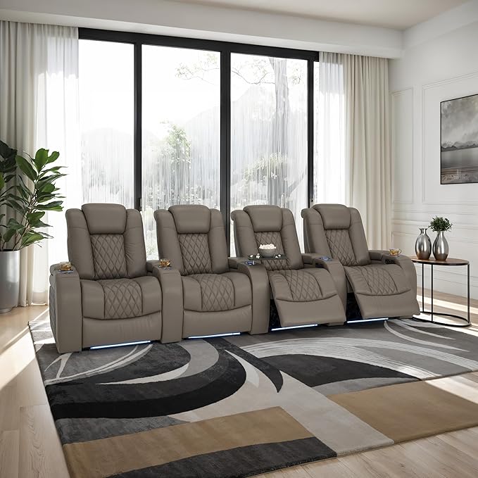 Seatcraft Diamante Zero-Gravity CoolZero Italian Leather Home Theater Seating, Power Headrest, Power Recline, Row of 4, Gray