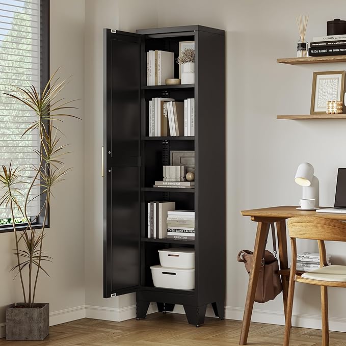 67''Farmhouse Metal Storage Cabinet with Barn Doors,Steel File Cabinet for Home Office,Kitchen Pantry 4 Adjustable Shelves,Freestanding Cupboard for Kitchen,HomeOffice (Black)