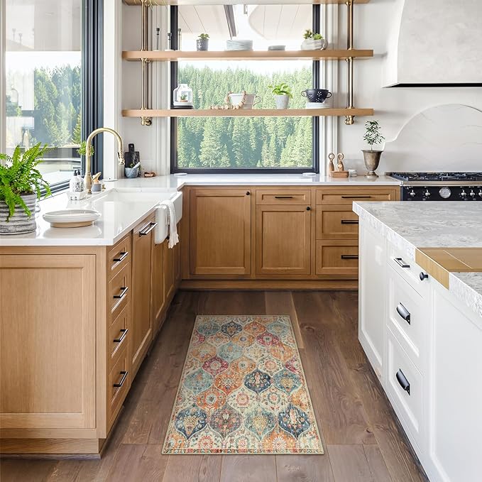 Lahome Moroccan Trellis Washable Rug, 2x3 Kitchen Rugs for Entryway Bathroom, Non-Slip Indoor Door Mat Ultra-Thin, Small Oriental Throw Carpet for Bedroom Entry, Cream/Multi