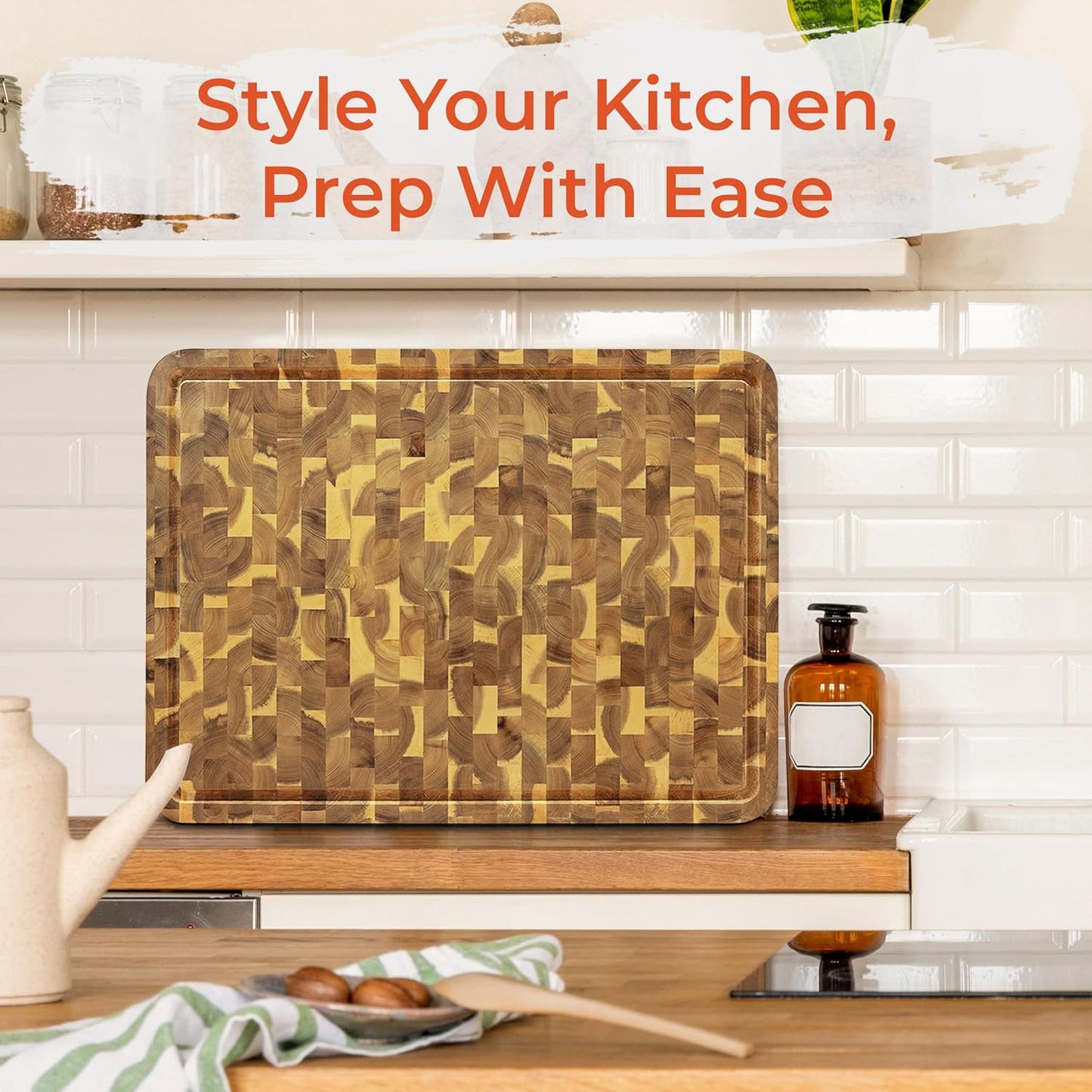 HOMESTEAD End Grain Acacia Wood Cutting Boards 24x18x1.5 – Butcher Block Chopping Board with Sorting Compartment, Juice Grooves & Handles – Non-Toxic Kitchen Board for Food Prep, Home Decor