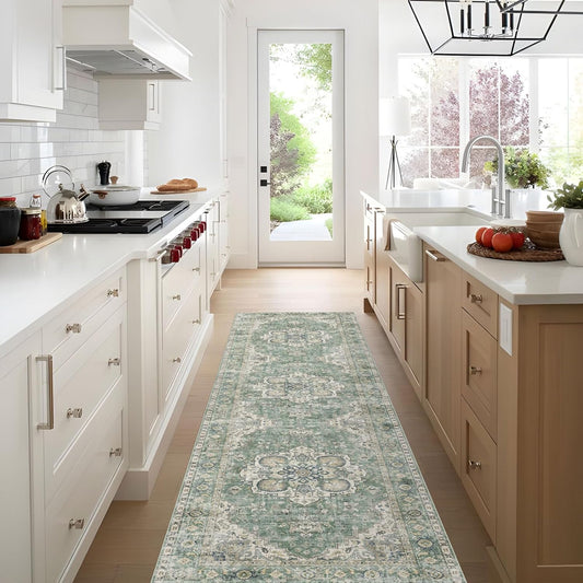 Kitchen Runner Rugs Non Skid Washable - 2.5x8ft Long Sage Green Farmhouse Boho Hallway Runner Rug Low Pile Stain Resistant Soft Vintage Oriental Carpet for Hallway Laundry Room Entryway Bedroom