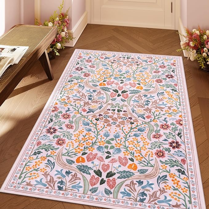 Lahome Floral Pink Boho 3x5 Rugs, Small Floral Dorm Rugs for Girsl Bedside, Washable Flower Botanical Throw Rug for Nursery Kids Room, Soft Non Slip Easy to Clean Door Mat for Entryway