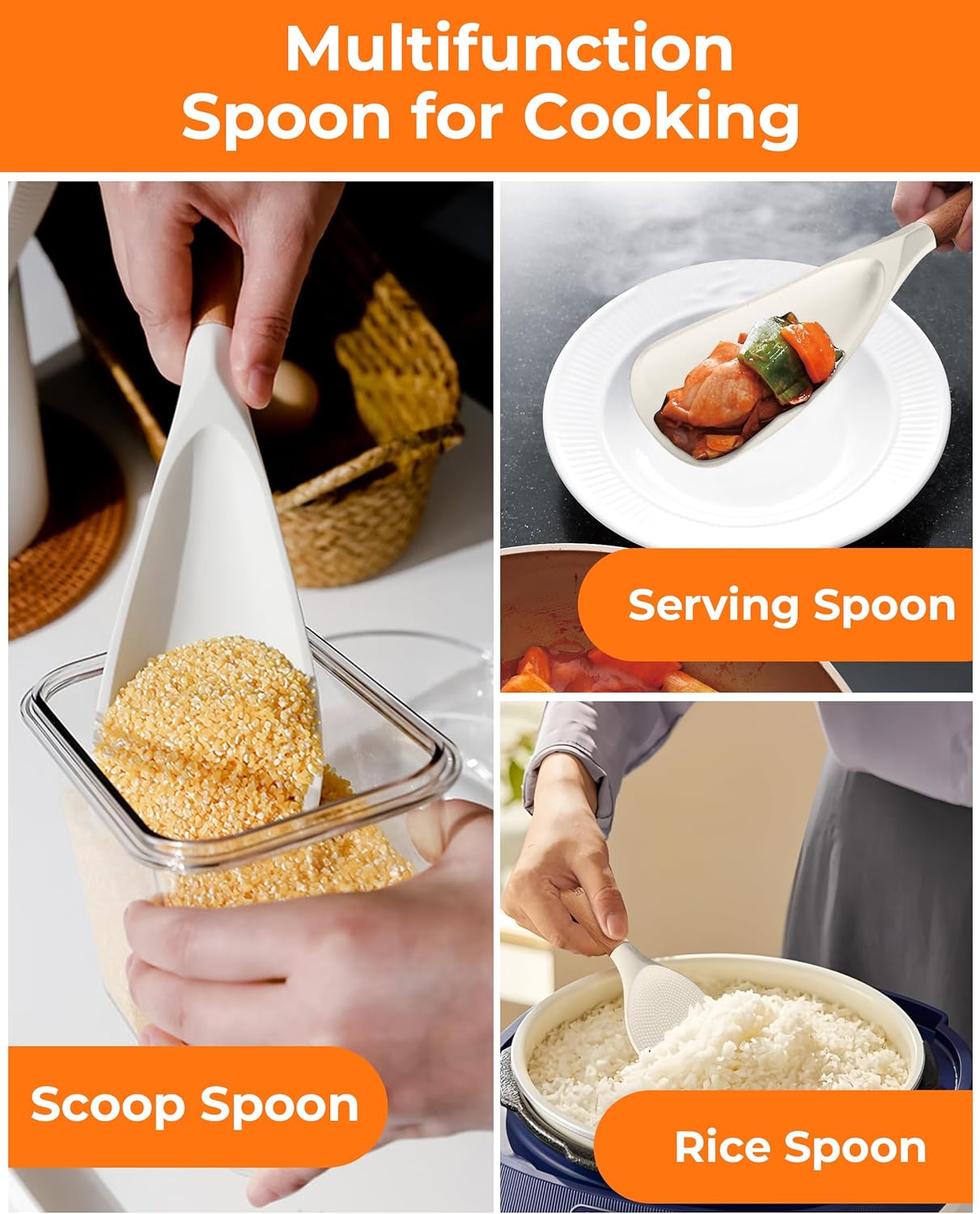 Multifunction Silicone Spatula Spoon 2-Pack Dual-Use-Heat-Resistant 446°F BPA-Free Non-Toxic Cooking for Non-Stick Cookware,Rice Cookers,Wooden Handle Scoop/Serve Meal/Rice Spoon Set (Khaki)