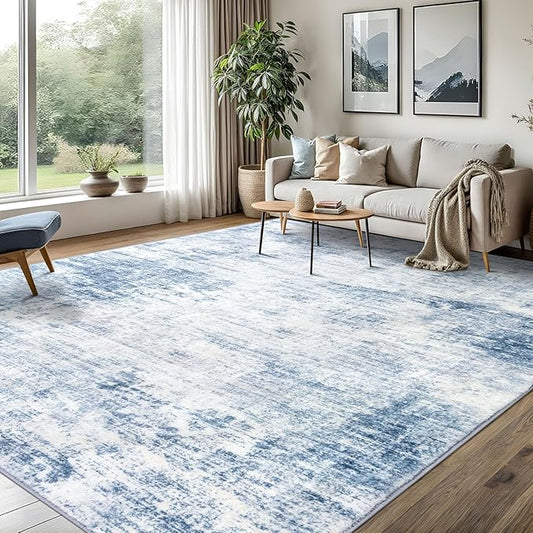 IOHOUZE Abstract Area Rugs 8x10 Ft Washable Large Rugs for Living Room, Non Slip Dining Room Rug, Printed Faux Wool Rugs for Bedroom, Floor Carpet for Office Nursery Playroom, Light Blue White