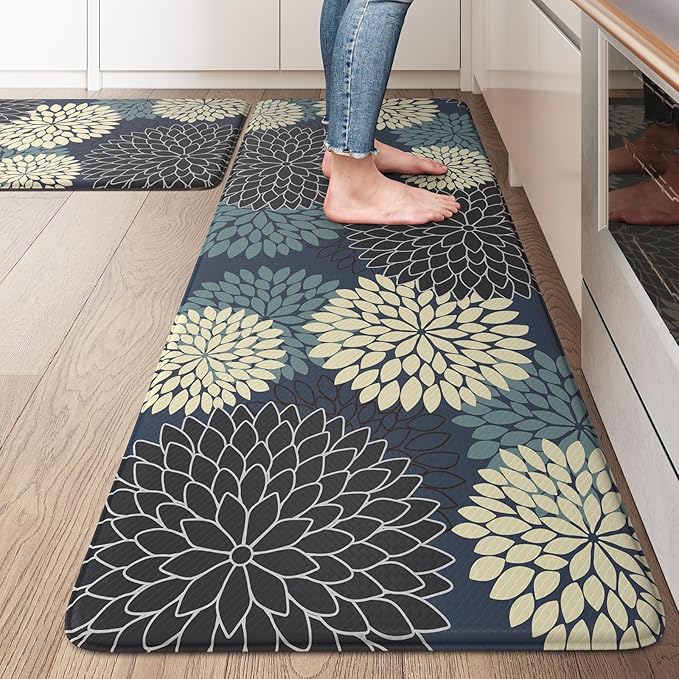 KIMODE Padded Anti Fatigue Rug Sets of 2, Ergonomic Standing Kitchen Rugs 2PCS, Boho Kitchen Mats for Floor 2 Pieces Stain Resistant, Non Slip Kitchen Sink Floor Mat Waterproof, 20"x32"+20"x47", Blue