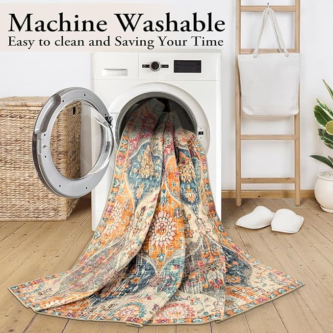 Lahome Moroccan 6x9 Rugs for Living Room, Soft Washable 6x9 Area Rug for Bedroom, Ultra-Thin Oriental Trellis Distressed Non Shedding Throw Large Carpet for Dining Room Office, Cream/Multi