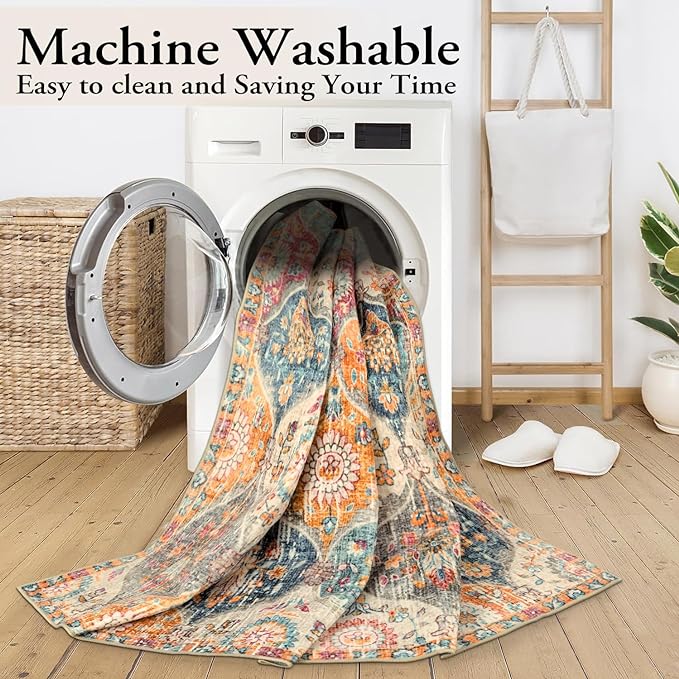 Lahome Moroccan Washable Area Rugs 9x12 Living Room, Soft 9x12 Area Rug for Bedroom, Oriental Non-Slip Non Shedding Throw Large Carpet for Dining Room Office, Cream/Multi