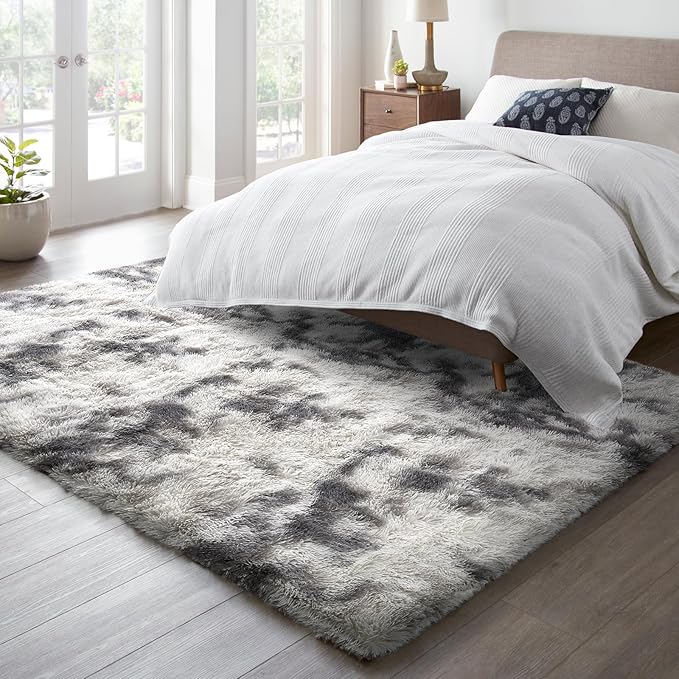 Ophanie 6x9 Tie-Dyed Grey&White Area Rugs for Living Room Bedroom, Fluffy Shag Large Fuzzy Plush Soft Throw Rug, Gray Large Shaggy Floor Big Carpets, Kids Home Decor Aesthetic, Nursery