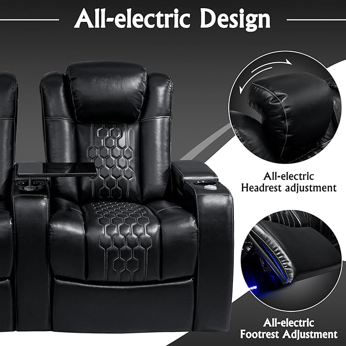 Home Theater Seating, Living Room, Heat & Massage, Powered Headrest, Powered Lumbar, Italian Leather, Powered Recline, Single Recliner (Black, Row of 5)