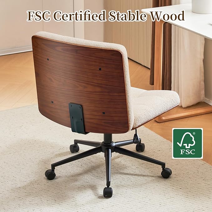 Furnimart Wide Swivel Criss Cross Legged Chair with Wheels, FSC Certified Wooden Desk Chair with Mid-Back Support, Comfy Armless Height Adjustable Vanity Chair for Desk, Bedroom (Faux Fur White)