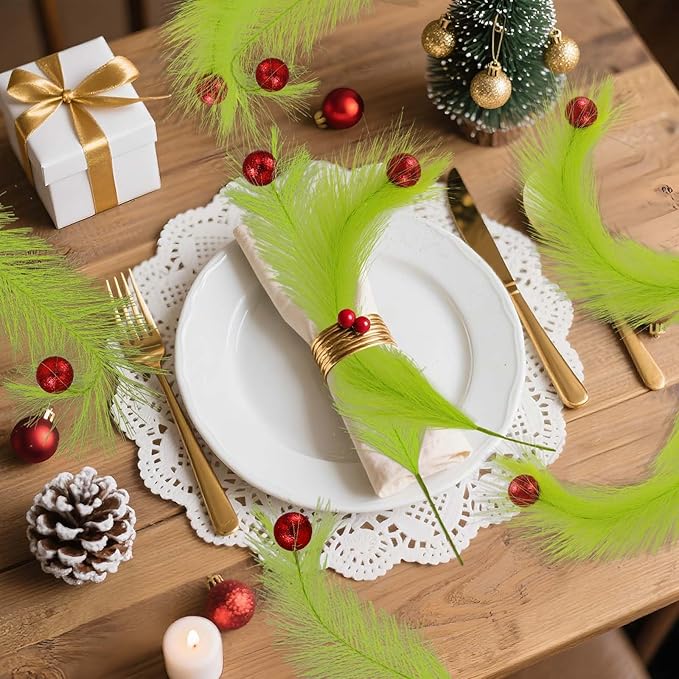 Hananona 60 pcs 15" Green Picks and Sprays Christmas Stems Bulk with Red Ball Xmas Artificial Pampas Stems for Christmas Tree Decor,Vase Fillers, Crafts Home Decorations (60, Green)