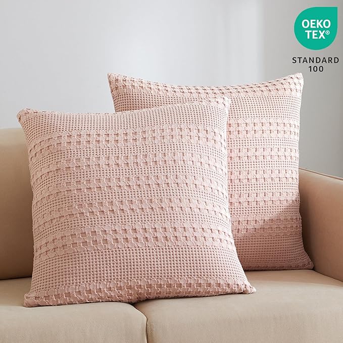 PHF 100% Cotton Waffle Weave Pillow Covers 24" x 24", 2 Pack Luxury Square Shell for Elegant Home Decor, No Filling, Luxury Aesthetic Soft Pillow Covers for Bed, Pink