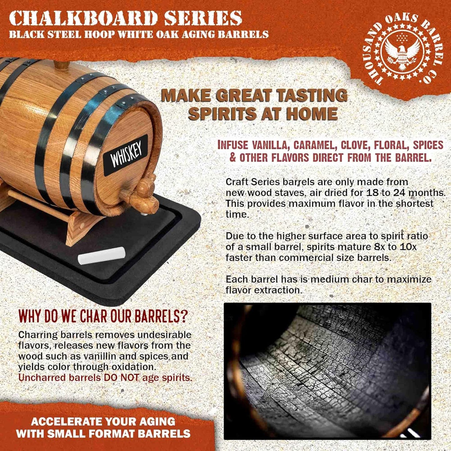 1 Gallon Oak Aging Barrel Dispenser (5 Liter) with Chalkboard Front, Wood Stand, Bung & Spigot - Charred Mini Bourbon Whiskey Barrels For The Home Brewer, Distiller, Wine Maker, Cocktail Aging