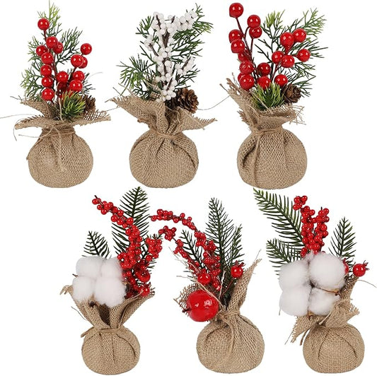 winemana 6 Pcs Mini Christmas Tree Table Decorations, 8" Small Artificial Trees with Red Berries Pine Cone Greenery Tabletop Centerpiece for Home Office Room Holiday Decorations