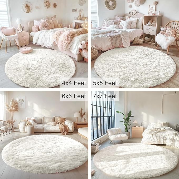 OLANLY Ivory Round Rugs for Bedroom - Machine Washable, 4 ft Circle Area Rugs for Living Room, Soft and Fluffy Shaggy Carpet for Teen Girls and Boys, Nursery Rooms, Dorms, Home Decor Aesthetic