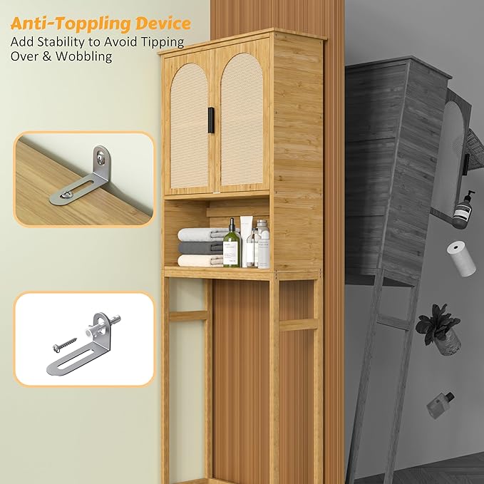 MUPATER 66.9'' Bamboo Over The Toilet Storage Cabinet, Bathroom Space Saver, U-Shaped Door with Rattan Surface, Over Toilet Bathroom Organizer with Open Storage Shelf, Natural