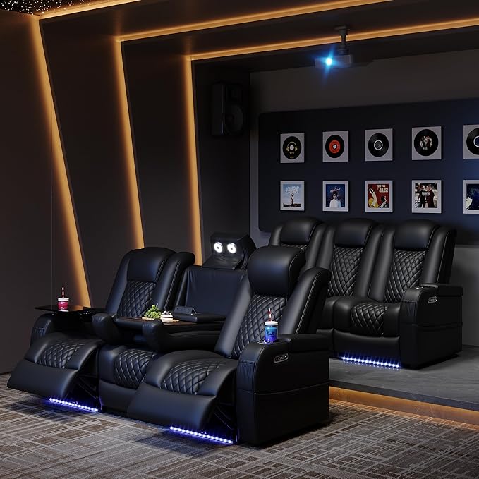 Home Theater Seating Seats, Movie Theater Chairs Theater Recliner with 7 Colors Ambient Lighting, Lumbar Pillow, Touch Reading Lights, Tray Table (Black, Row of 3)