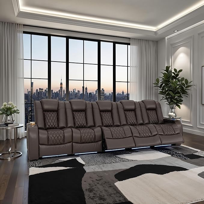 Seatcraft Diamante Zero-Gravity CoolZero Italian Leather Home Theater Seating, Power Headrest, Power Recline, Row of 5 Sofa, Brown