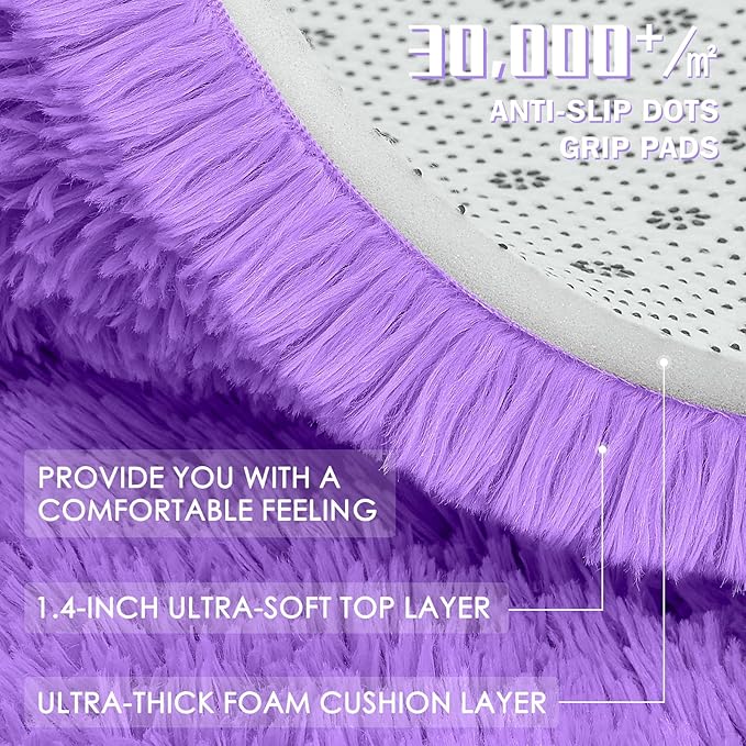 OLANLY Purple Round Rugs for Bedroom - Machine Washable, 9 ft Circle Area Rugs for Living Room, Soft and Fluffy Shaggy Carpet for Teen Girls and Boys, Nursery Rooms, Dorms, Home Decor Aesthetic