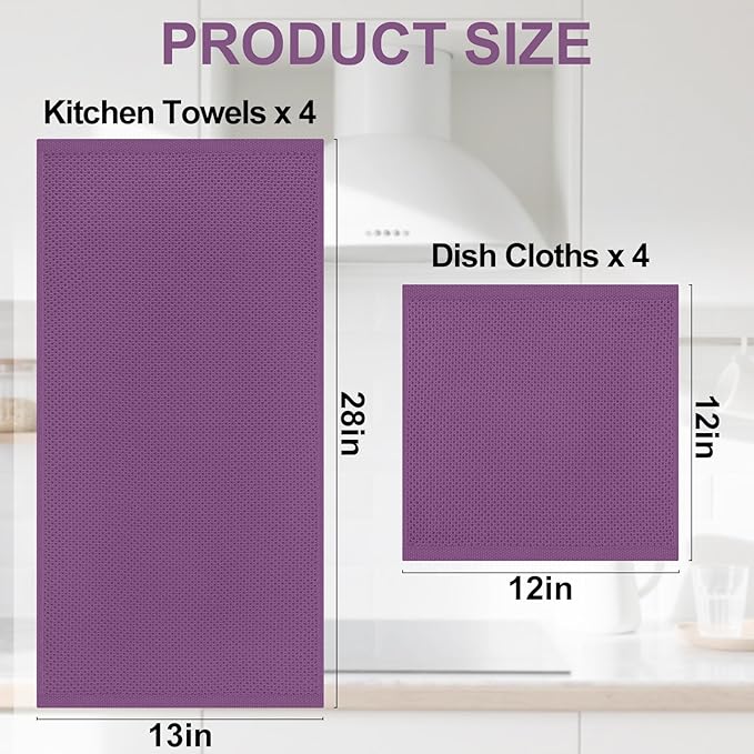 Homaxy 100% Cotton Kitchen Towels and Dishcloths Set, 12 x 12 Inches and 13 x 28 Inches, Set of 8 Bulk Kitchen Towels Set, Ultra Soft Absorbent Dish Cloths for Washing Dishes, Purple