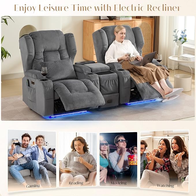 Wall Hugger Power Recliner Chair, Home Theater Seating Electric Recliing Sofa with Massage & Heat, Cup Holder, USB Port, LED Ambient Light, Storage for Living Room (Grey, 3 Chairs)