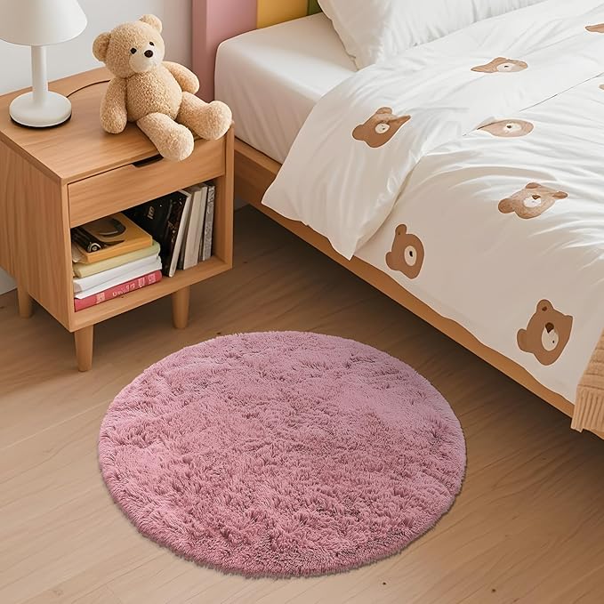 OLANLY Pale Pink Round Rugs for Bedroom - Machine Washable, 2 ft Circle Area Rugs for Living Room, Soft and Fluffy Shaggy Carpet for Teen Girls and Boys, Nursery Rooms, Dorms, Home Decor Aesthetic