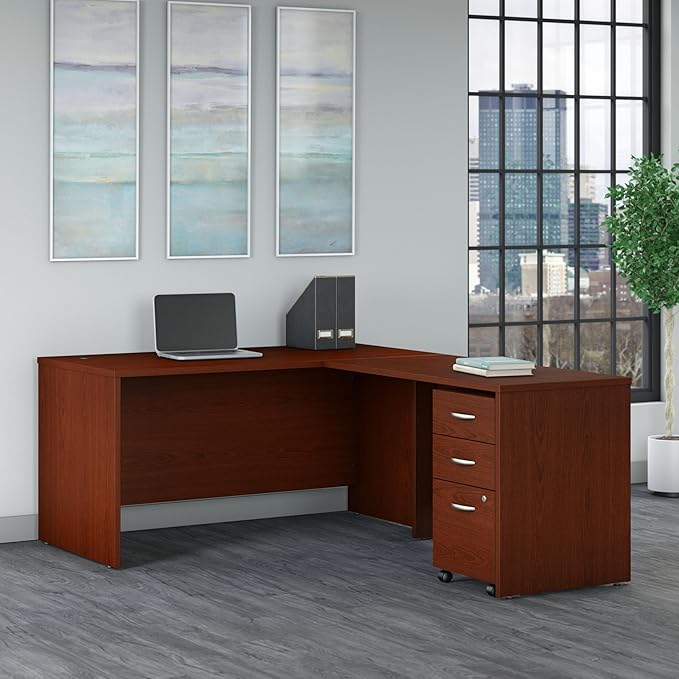 Bush Business Furniture Series C 60W L Shaped Desk with 3 Drawer Mobile File Cabinet in Mahogany