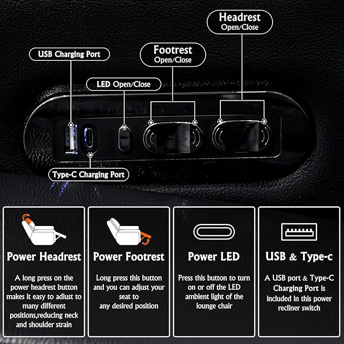 Home Theater Seating, Living Room, Heat & Massage, Powered Headrest, Powered Lumbar, Italian Leather, Powered Recline, Single Recliner (Black, Row of 4 Loveseat Middle)