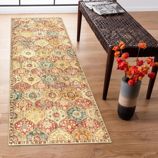 Lahome Moroccan Trellis Washable Runner Rug, 2x6 Kitchen Runners for Hallways 6 Feet Non Slip, Vintage Laundry Room Rug Ultra-Thin Long Carpet for Bathroom Bedroom Entryway, Red/Orange