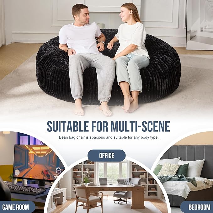 Hobestluk 6ft Bean Bag Chairs for Adults Large Beanbag Chair with Stripe Plush Cover Big Bean Bag Chair for Living Room Bedroom Dorm Office - Black (70" x 70" x 15")