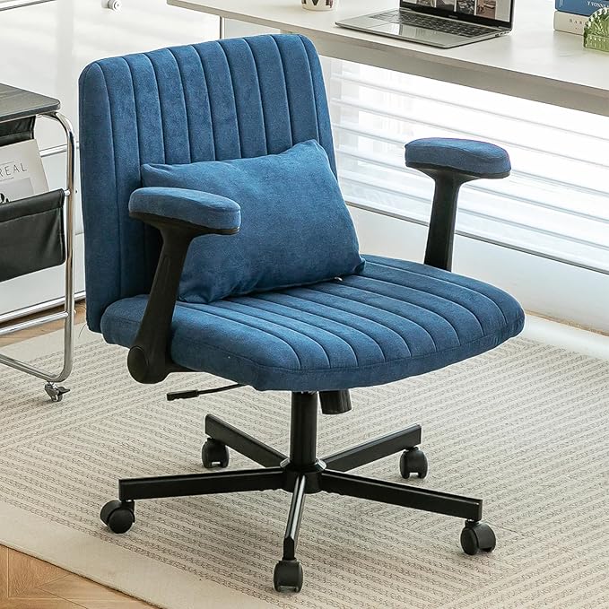 Furnimart Criss Cross Desk Char Wide Seat with Wheels and Arms, 360° Swivel Cross Legged Desk Chair Thick Cushion, Velvet Comfy Armless Home Office Chair for Bedroom, Vanity, Sturdy (Blue)